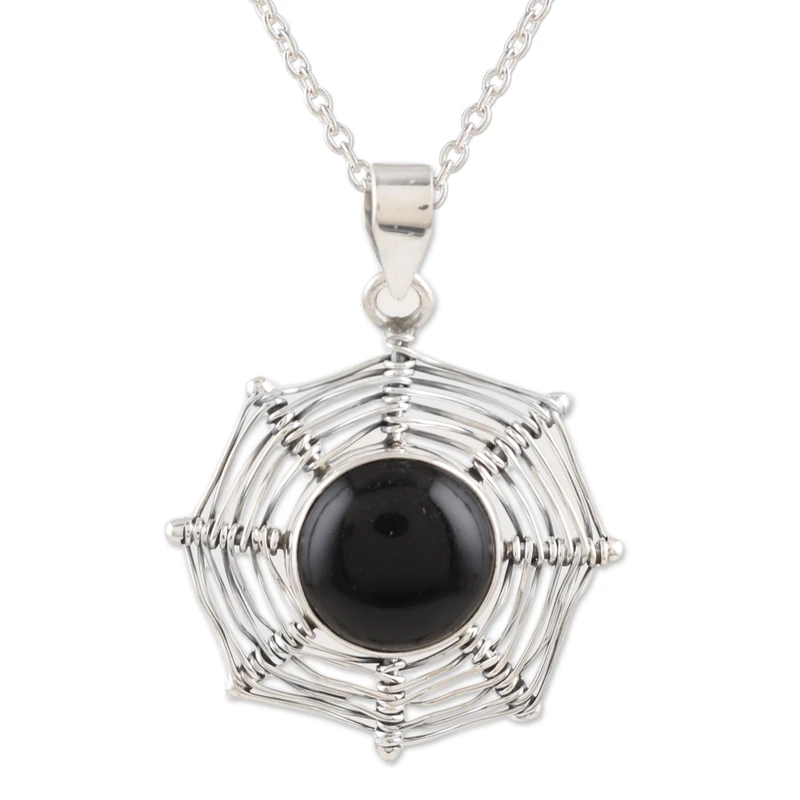 Magical Web Sterling Silver Black Onyx Pendant Necklace Pendant Necklace Delicate Necklace Bohemian Jewelry
