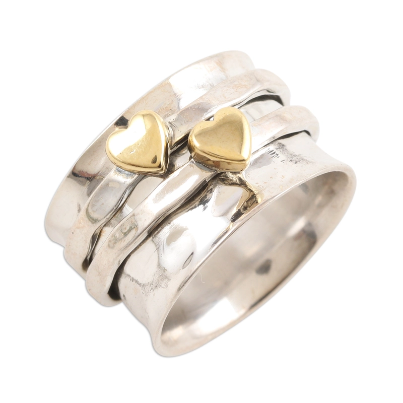 Meditations-Spinner-Ring aus Sterlingsilber und Messing, handgefertigt, Designer-Ring aus 925er Sterlingsilber mit zwei Herzen