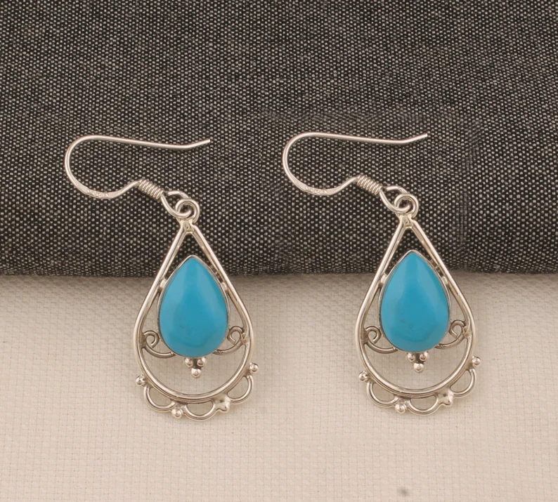 Massive 925 Sterling Silber Türkis Ohrringe für Frauen Handgemachte Birnen-Tropfen Gemstone Ohrringe Geschenkidee für Brautjungfern Hochzeitsschmuck