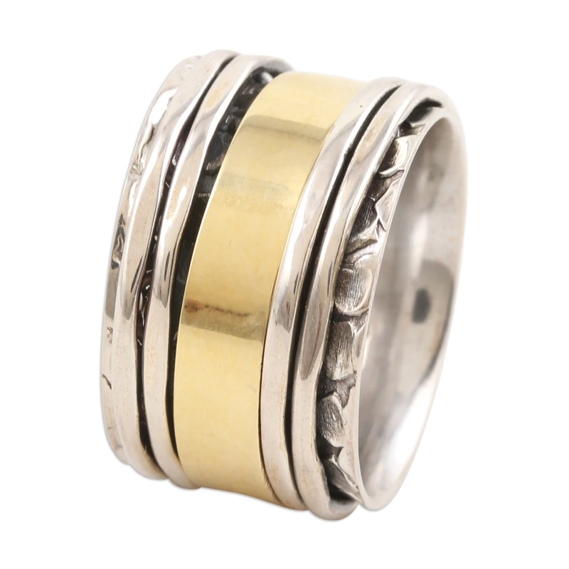 Meditations-Spinner-Ring aus Sterlingsilber und Messing aus Indien, handgefertigter Ring, Silberschmuck, böhmischer zarter Ring, Geschenk für sie