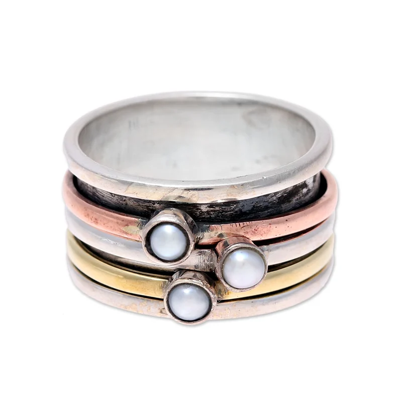 Zuchtperlen- und Metall-Trio-Meditations-Spinner-Ring Handgemachter Ring Silberschmuck Böhmischer zierlicher Ring Geschenk für sie Geburtstagsgeschenk