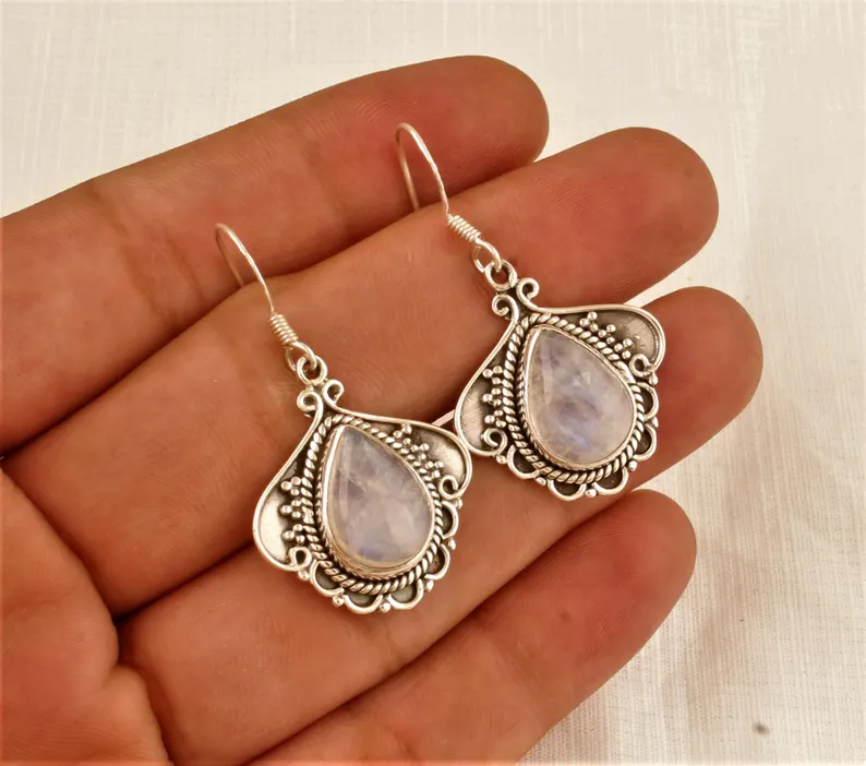 Regenbogen Mondstein Ohrringe 925 Sterling Silber Ohrringe Baumeln & Tropfen Ohrringe Handgemachte Wunderschöne Designer Silberohrringe Geschenk für Sie