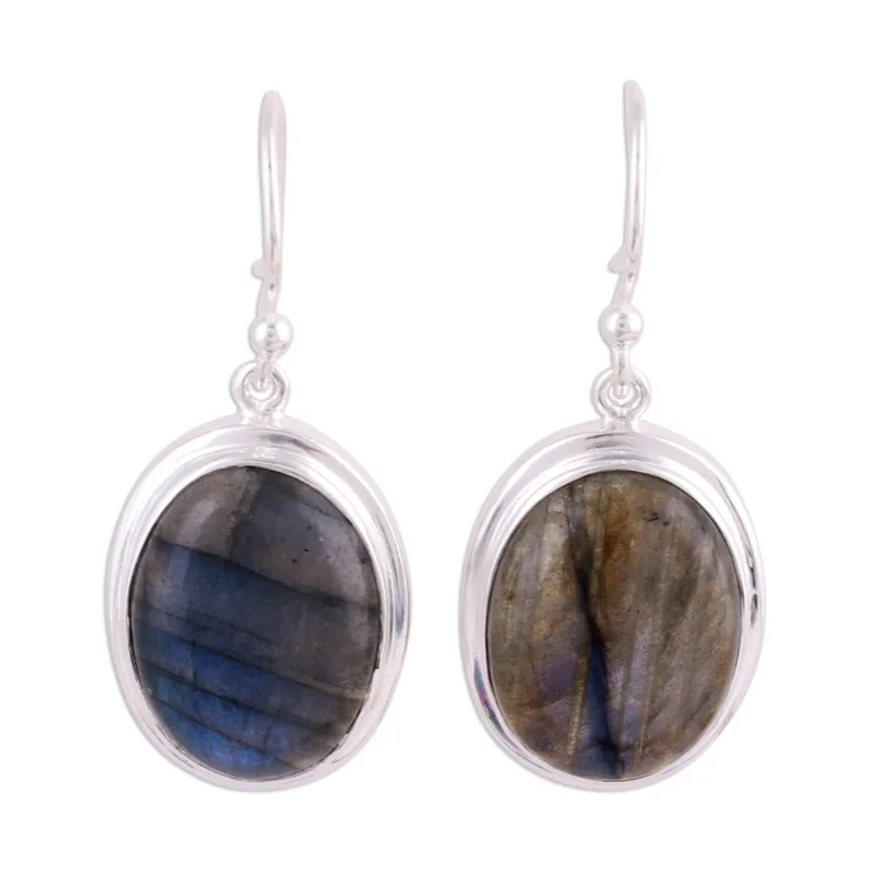 Cabochon-Labradorit-Ohrhänger aus 925er Sterlingsilber, blaue Edelstein-Ohrhänger, Labradorit-Schmuck