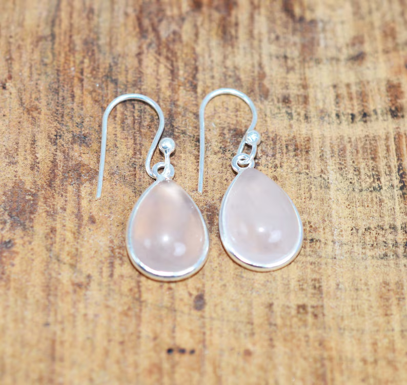 Teardrop Rosenquarz Ohrringe aus Sterlingsilber Ohrringe für Frauen Handgemachter Boho-Schmuck Geschenk für Sie