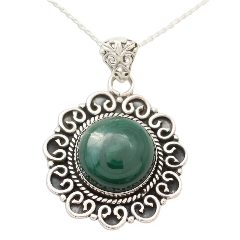 Natur-Malachit-Anhänger-Halskette aus 925er Sterlingsilber, böhmischer Schmuck, Geschenk für Mama und als Valentinstagsgeschenk