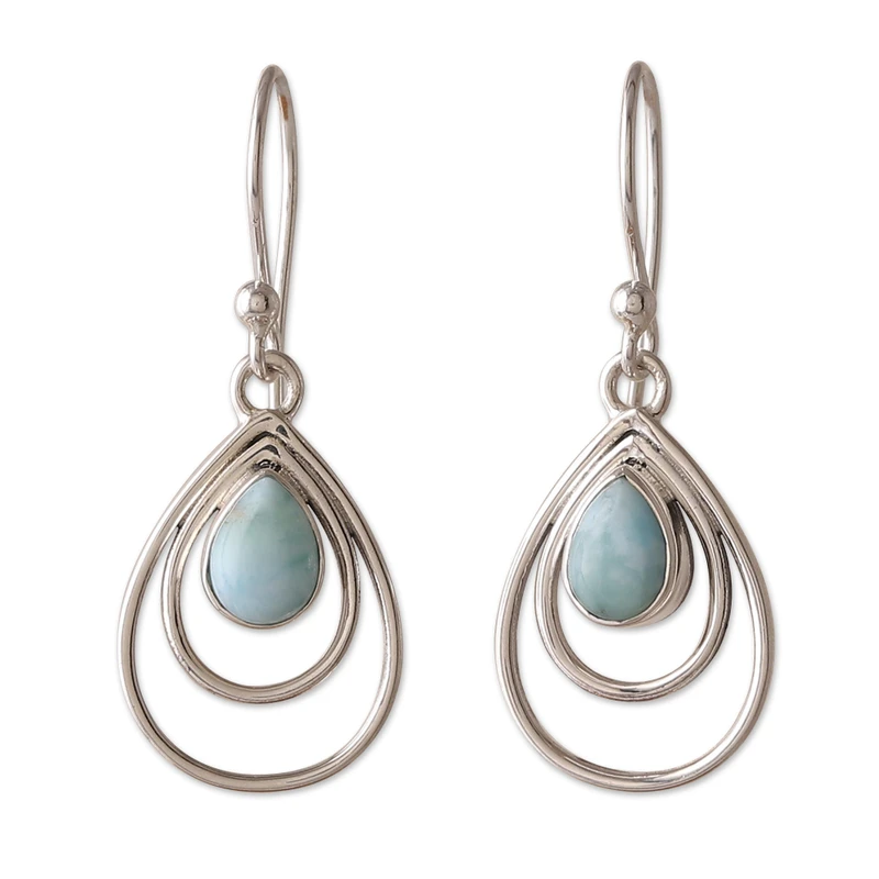 Tropfenförmige natürliche Larimar Ohrhänger 925 Sterling Silber Edelstein Ohrringe handgefertigt Damen Hochzeit Ohrringe Geschenk für Sie