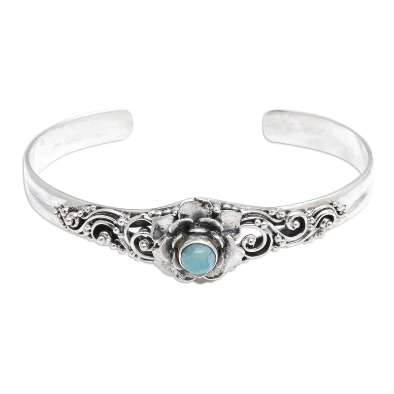 Floral Themed Cuff Bracelet Larimar Bracelet 925 Sterling Silver Bracelet Bohemian Jewelry Charming Jewelry Valentine Day Gift For Her & Mom