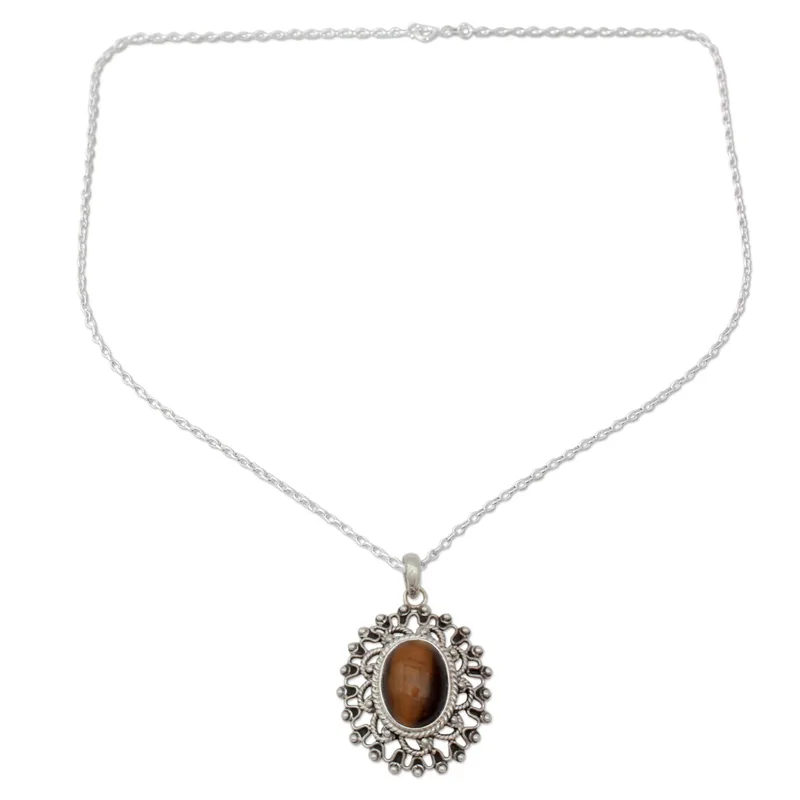 Handgefertigte Halskette aus Sterlingsilber mit Tigerauge-Anhänger, echter Edelstein, Bohemian-Schmuck, Geschenk für sie, Valentinstagsgeschenk