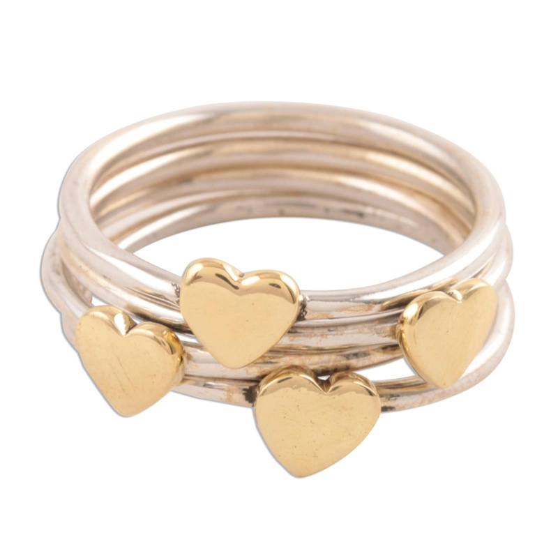 Silber- und Messingherz-Stapelring, handgefertigt aus 925er Sterlingsilber, Geschenk für sie