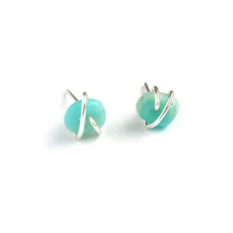 Amazonite Gemstone Studs Earrings Natural Blue Amazonite Minimalist Wire Wrapped Studs Silver Gemstone Studs Gift for Her