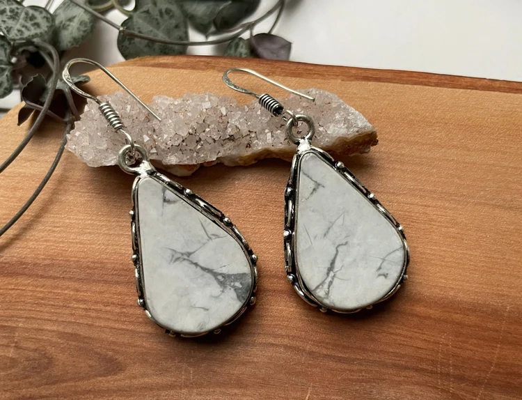 Natural Howlite and Sterling Silver Drop Dangle Earrings from India Handmade Gemstone Silver Earrings Everyday Jewelry Gift For Her