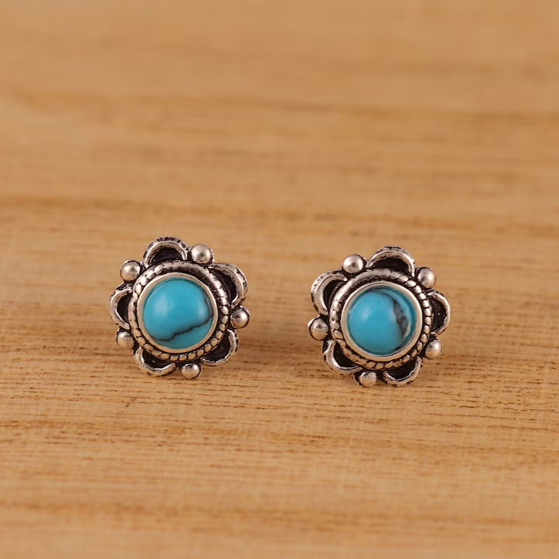925 Sterling Silver Blue Turquoise Flower Stud Earrings Gift for Mom or Sister Turquoise Jewelry Nature Lovers