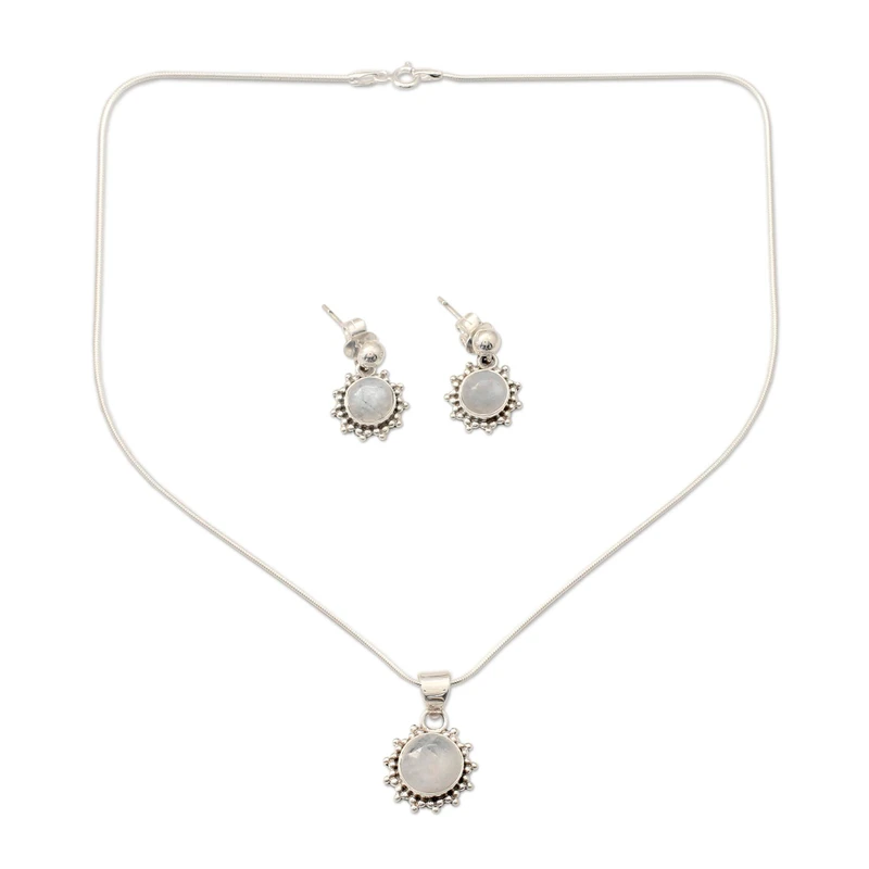 Regenbogenmondstein Anhänger & Ohrringe Schmuckset 925 Sterling Silber Handgefertigter Böhmischer Schmuck Jahrestagsgeschenk für Sie