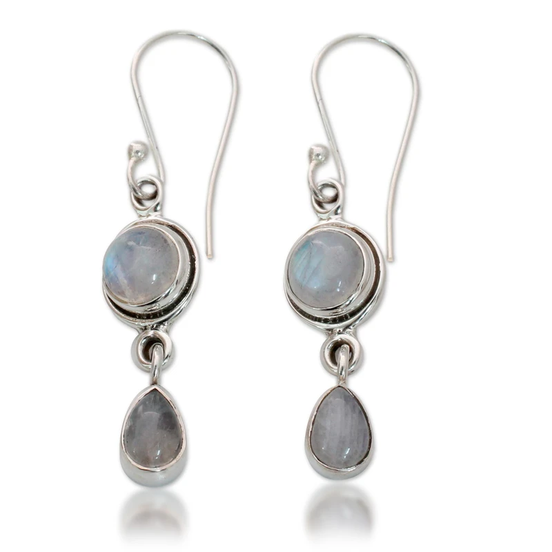 Ohrring aus 925er Sterlingsilber, echter Regenbogenmondstein-Ohrring, handgefertigter Ohrring mit zwei Edelsteinen, Juni-Geburtsstein-Geschenk für Sie