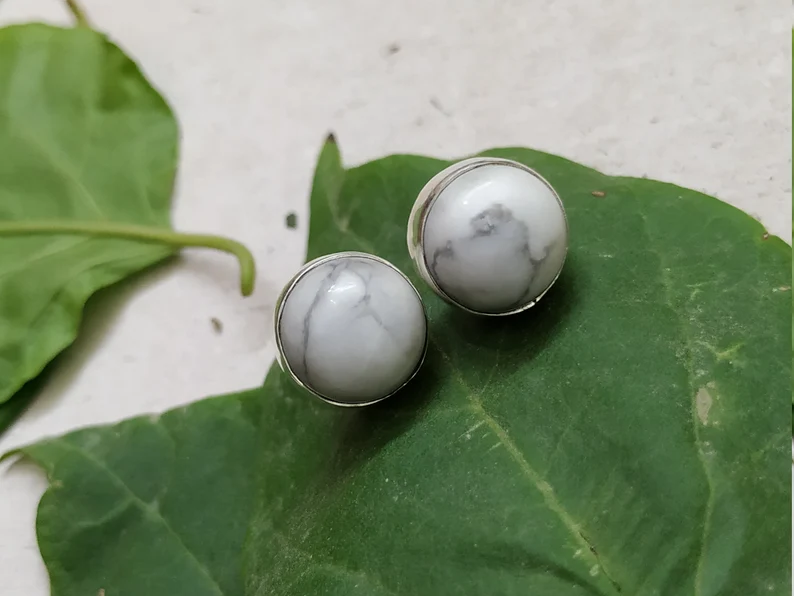 White Howlite Stud 925 Sterling Silver Dainty Stud Boho Style Birthday Gift Marble Earring Gemstone Stud Gift For Her