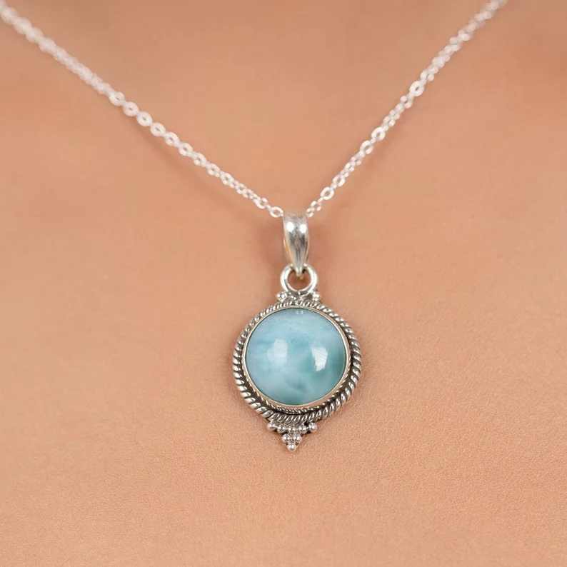 Blauer Larimar 925 Sterling Silber Edelstein Anhänger Halskette Minimalistische Larimar Edelstein Halskette Blaue Larimar Halskette Geschenk für Sie