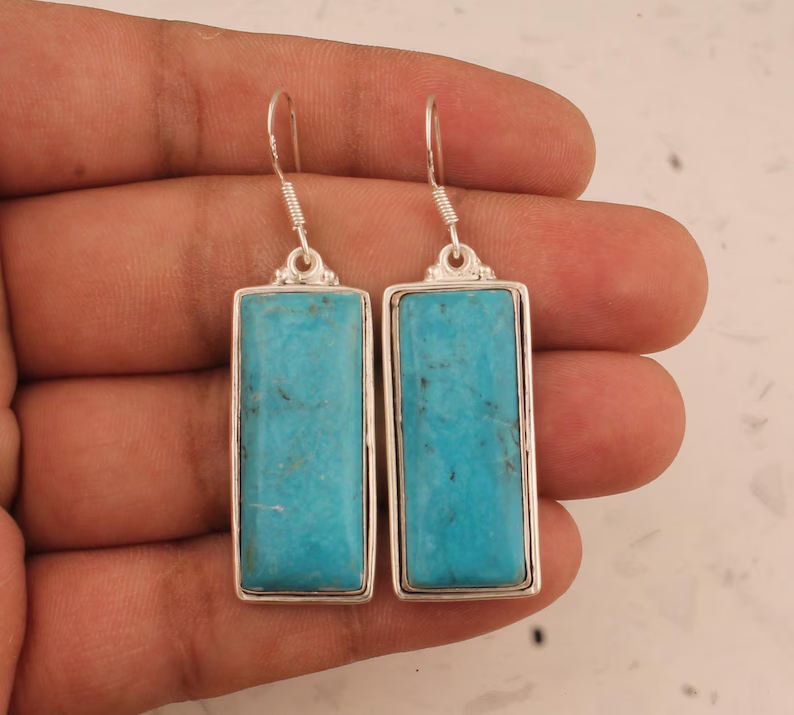 Ohrringe aus massivem 925er Sterlingsilber mit Türkis für Damen, handgefertigte Ohrringe mit Stäbchen und rechteckigen Edelsteinen, Geschenkidee, Artisan Boho Silberohrringe