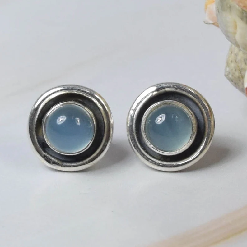 Aquamarin Chalcedon 925 Sterling Silber Edelstein Ohrstecker Handgemachter Schmuck Runde Form März Geburtsstein Geschenk zum Geburtstag