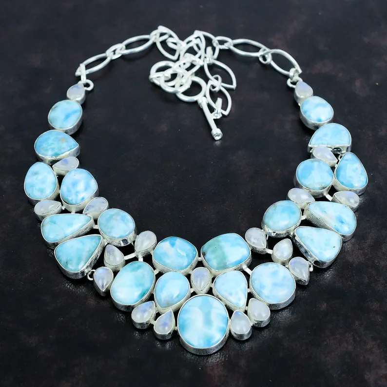 Larimar Mondstein Edelstein Handgemachte 925 Sterling Silber Halskette 925 Gestempelt Edelstein Natur Larimar Silber Halskette
