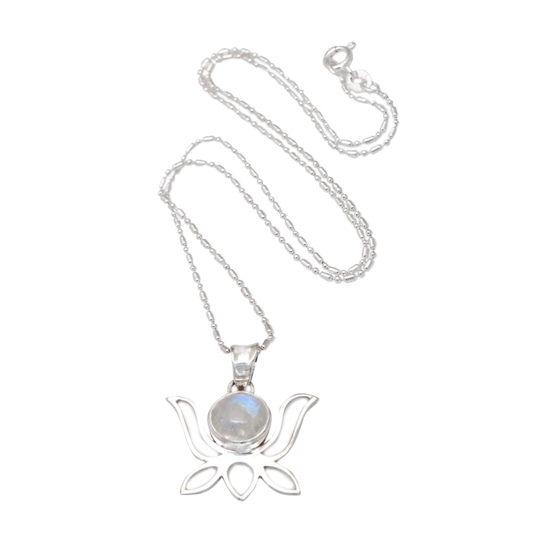 Lotusförmige Regenbogen-Mondstein-Halskette aus 925er Sterlingsilber, natürlicher Feuer-Regenbogen-Mondstein, Geschenk für sie