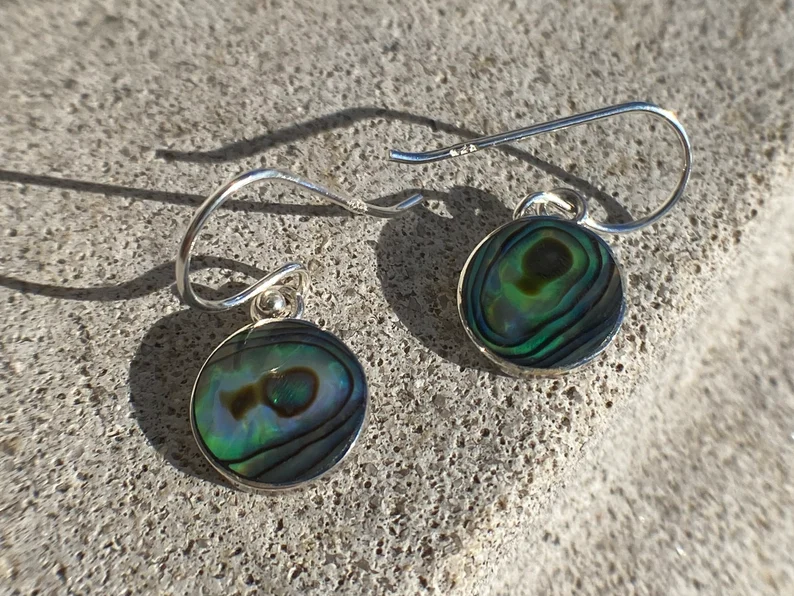 Runde Abalone-Muschel-Ohrringe, Edelstein-Ohrringe, Ohrringe aus 925er Sterlingsilber, Hängeohrringe, Statement-Ohrringe, baumelnde Ohrringe, Geschenk für Sie