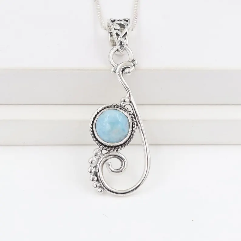 Larimar Halskette, massive Silberkette, handgefertigte Halskette, Edelstein-Halskette, Statement-Anhänger, Geburtsstein-Halskette, bestes Geschenk für sie