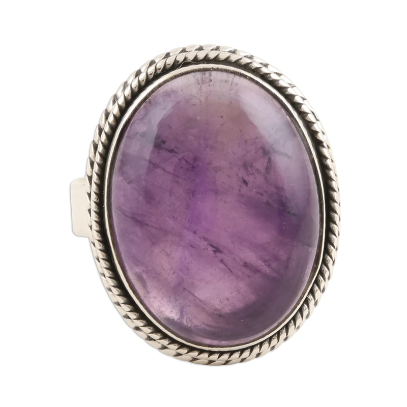 Oval Amethyst Cabochon Cocktail Ring 925 Sterling Silver Gemstone Ring Handmade Ring Boho Silver Ring Everyday Ring Gift For Wife