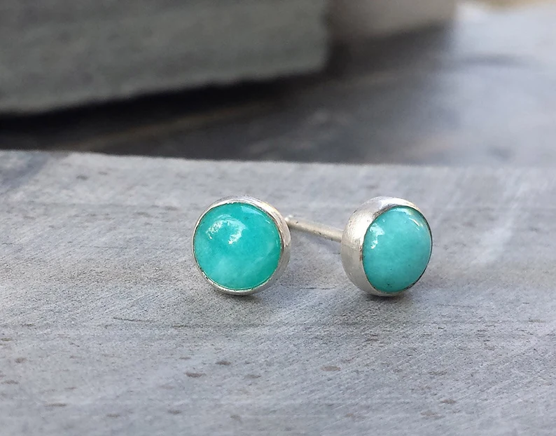 Amazonite Studs Aqua Blue Gemstone Earrings Minimalist Earrings Simple Jewelry 925 Sterling Silver Studs Gift For Her