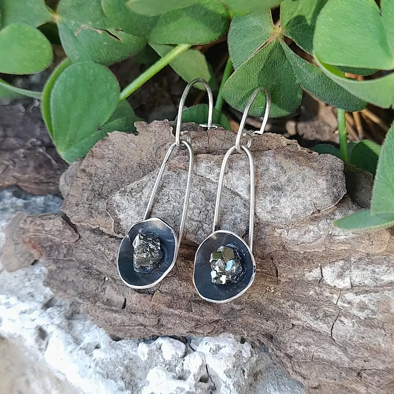 Pyrit Ohrringe 925 Sterling Silber und Pyrit Ohrringe Ohrhänger Rohpyrit Ohrringe Geschenk für Sie