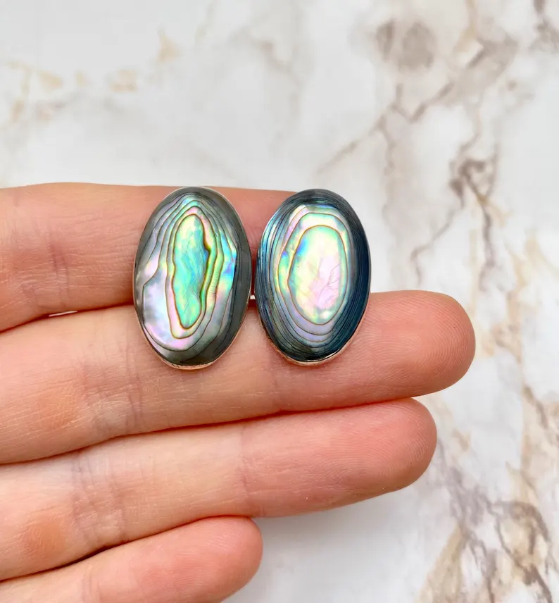 Large Vintage Oval Abalone Shell Gemstone Studs Earrings Abalone Shell Earrings Handmade Boho Jewelry Gift For Her