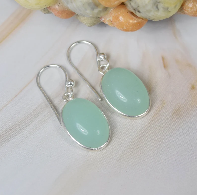 Aquamarin Chalcedon 925 Sterling Silber Edelstein Haken Ohrring Einfacher Ohrring Ovale Form Schmuck Handgemachter Schmuck Geschenk Für Sie