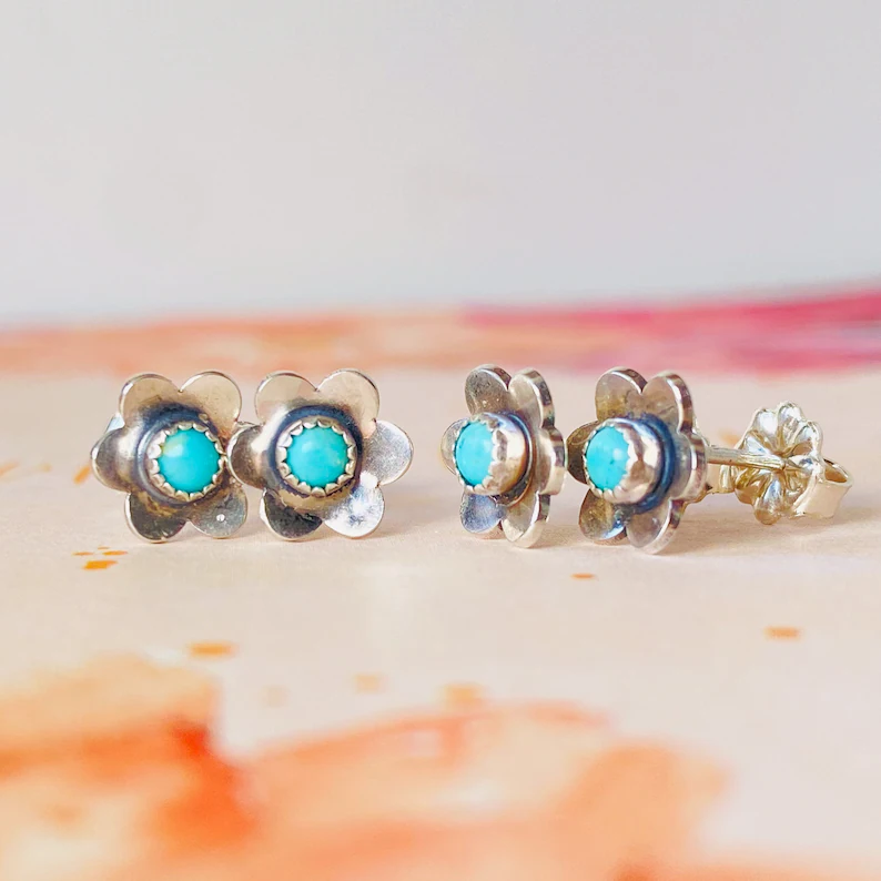 Turquoise Stud Earrings Sterling Silver Flower Studs for Women Gift for Mom or Sister Turquoise Jewelry Nature Lovers