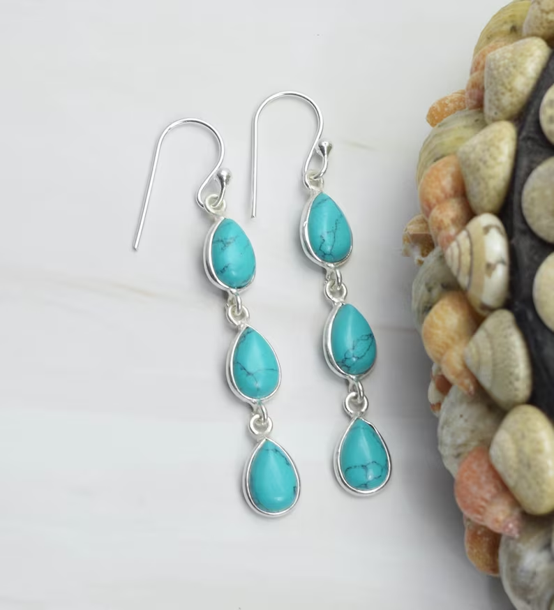 Blauer Türkis 925 Sterling Silber Edelstein Haken-Ohrringe Handgefertigter Schmuck 925er Silber Geschenk zum Jubiläum 3 Stein Schmuck