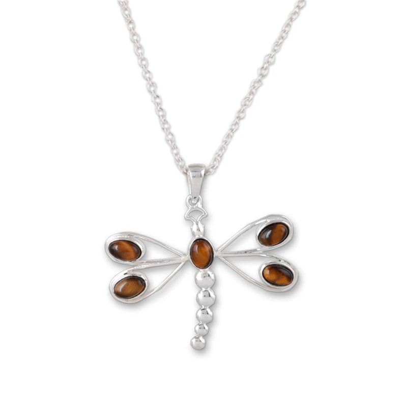 Braune Libellen-Tigerauge-Anhänger-Halskette Echte Edelsteinkette 925 Sterling Silber Böhmischer Schmuck Geschenk für Sie