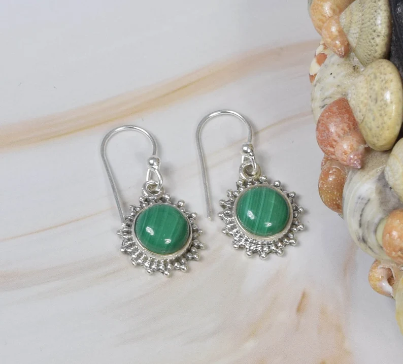 Green Malachite 925 Sterling Silver Gemstone Hook Earring Elegant Earring Round Shape Earring Handmade Jewelry Gift For Her