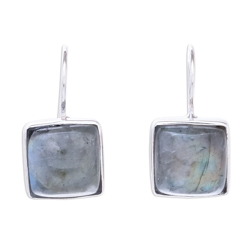 Labradorit-Ohrhänger 925er Sterlingsilber Ohrringe Blaue Quadratische Edelstein-Hängeohrringe Labradorit-Schmuck