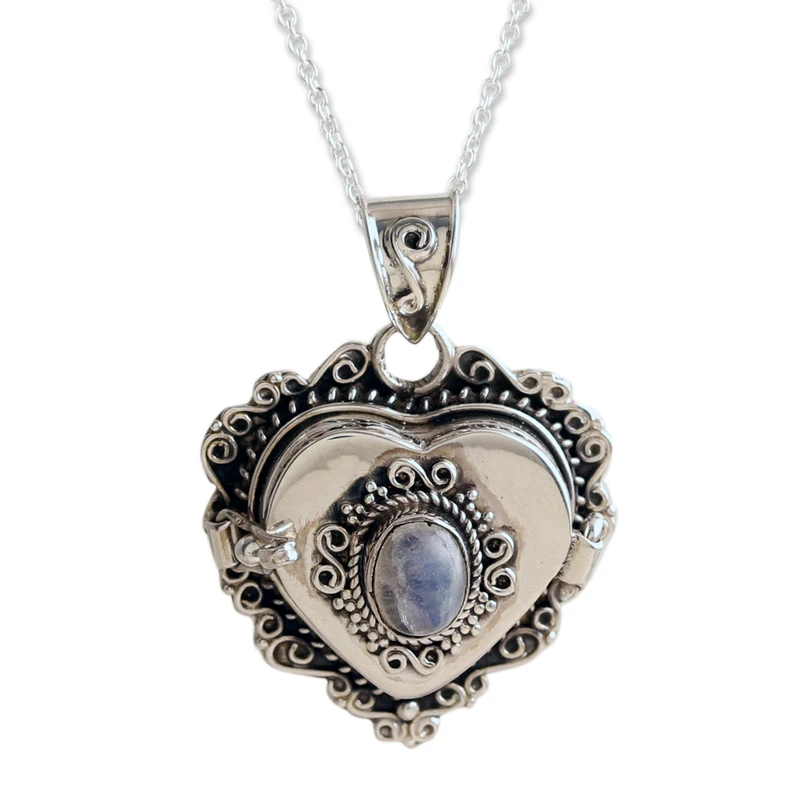 Herz-Medaillon-Anhänger-Halskette mit natürlichem Regenbogen-Mondstein aus 925er Sterlingsilber, handgefertigter böhmischer Schmuck, Jubiläumsgeschenk für sie und Mutter