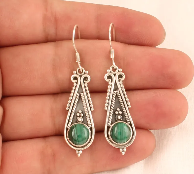 Malachite Silver Earrings Solid 925 Sterling Silver Earrings Dainty Earring Gemstone Earrings Handmade Earrings Dangling Earrings