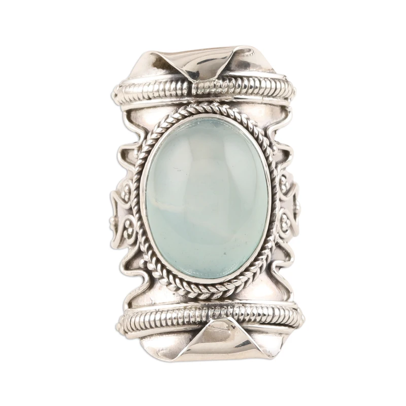 Brede Ring Aqua Chalcedoon Ring 925 Sterling Zilver Boho Ring Blauwe Edelsteen Handgemaakte Statement Zilveren Ring