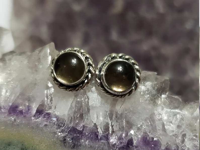 Round Shape 925 Sterling Silver Smoky Quartz Studs Earrings Trendy Gift For Her Women Minimalist Gemstone Jewelry Gift For Her
