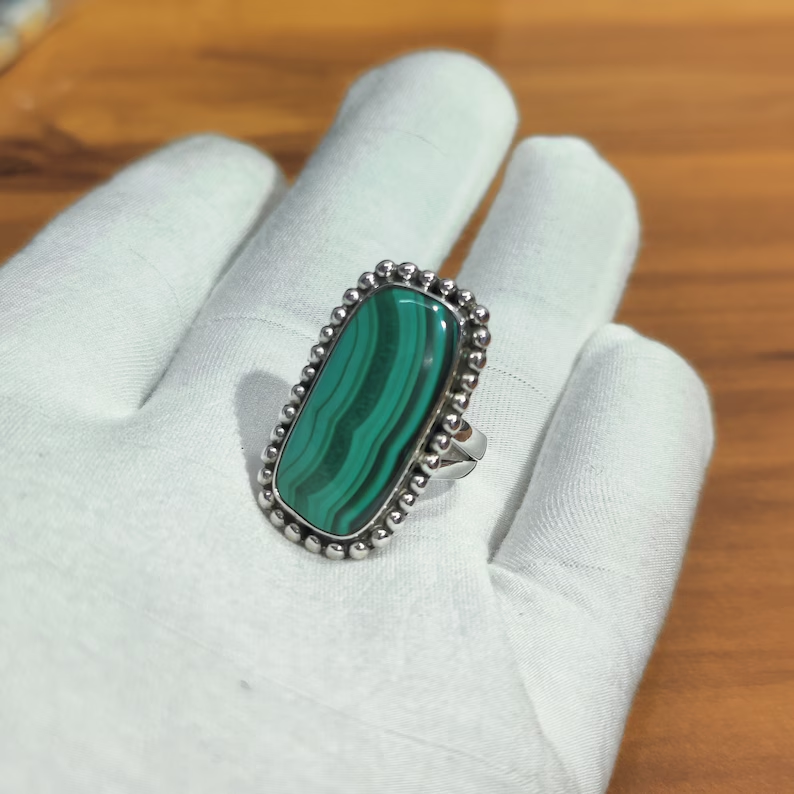 Natural Malachite Ring 925 Sterling Silver Ring Long Cushion Ring Dainty Large Ring Malachite Jewelry Gift For Her