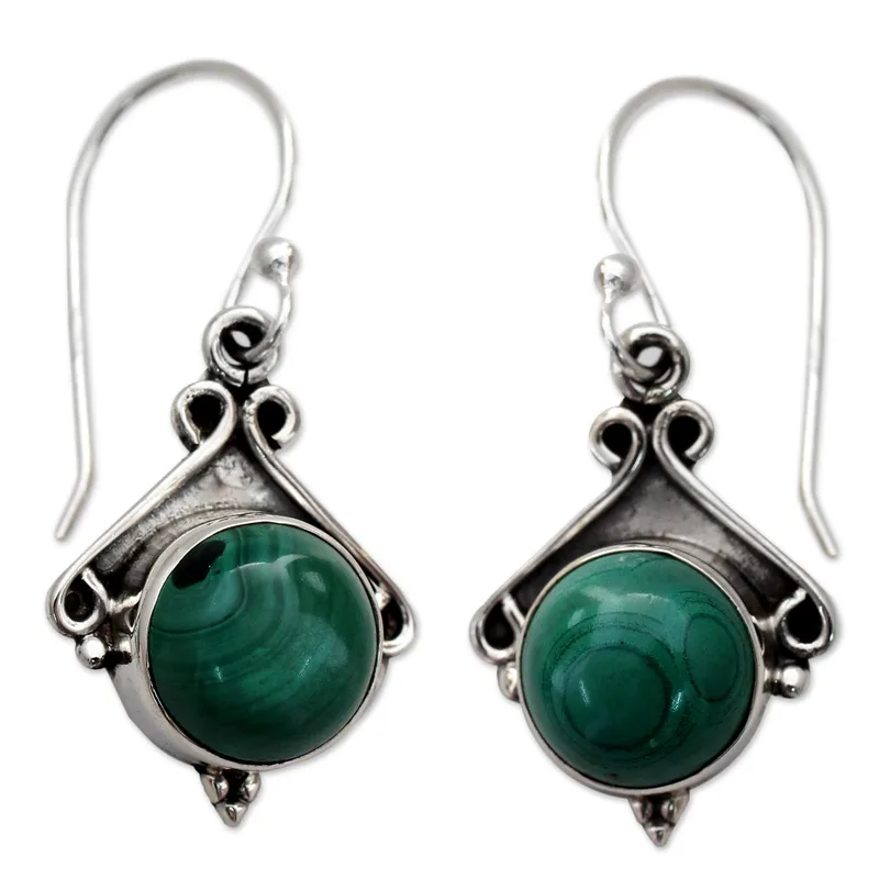 Forest Charm 925 Sterling Silver and Malachite Dangle Earrings Elegant Earring Round Shape Earring Handmade Jewelry Gift For Her