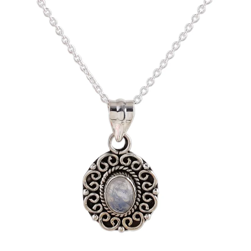 Regenbogen-Mondstein- und Sterlingsilber-Anhänger-Halskette Zierliche Mondstein-Anhänger-Halskette Mondstein-Schmuck