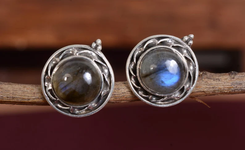 Labradorite Studs Earrings 925 Sterling Silver Earrings Round Gemstone Studs Blue Fire Gemstone Stud Gift For Her Gift Ideas