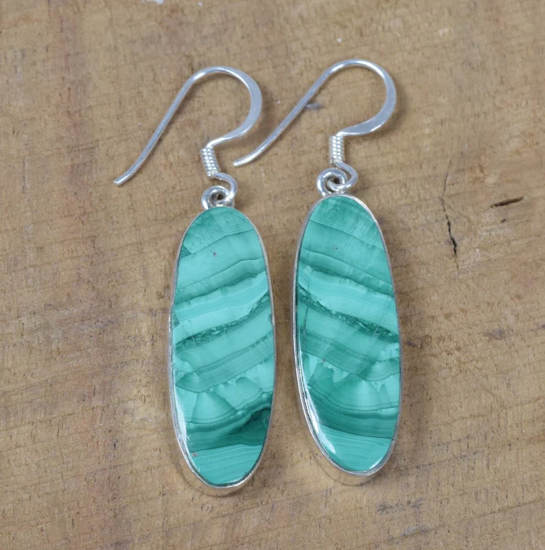 Green Malachite 925 Sterling Silver Natural Green Gemstone Hook Earring April Month Birthstone Handmade Jewelry Gift For Her & Mom
