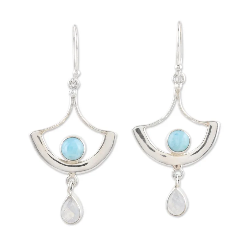 Larimar und Regenbogen-Mondstein Ohrhänger 925 Sterling Silber Ohrringe Handgefertigte Edelsteinohrringe Geschenk für Sie