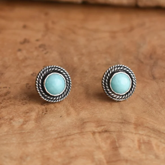 Genuine Amazonite Gemstone Studs Earrings Natural Blue Amazonite Minimalist Wire Wrapped Studs Silver Gemstone Studs Gift for Her