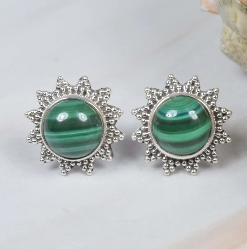 Grüner Malachit 925 Sterling Silber Runder Edelstein Blumen Designer Ohrstecker April Monats Geburtsstein Handgemachter Schmuck Geschenk Zum Geburtstag