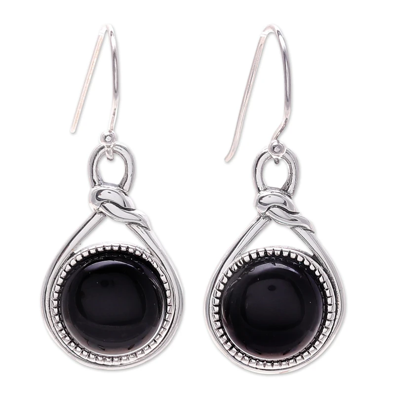 Knotenmuster Schwarzer Onyx Hängeohrringe 925 Sterling Silber Damen Handgemachte Ohrringe Geschenke für Mama & Sie