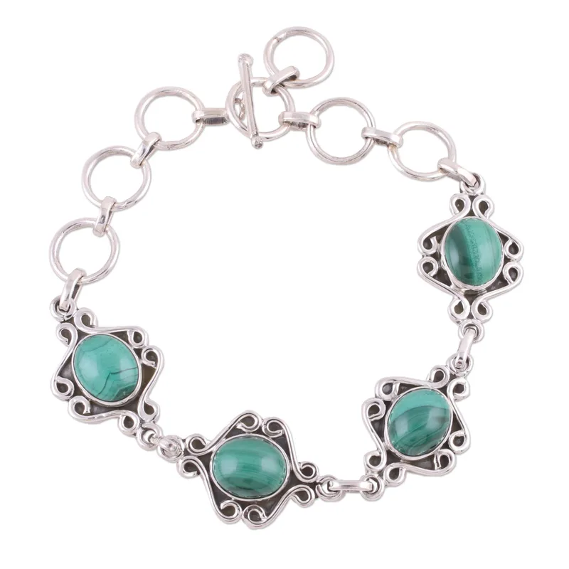 Malachite Swirling Link Bracelet Crafted in India 925 Sterling Silver Bohemian Jewelry Charming Jewelry Valentine Day Gift For Her
